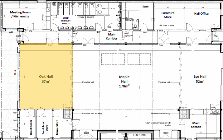 Plan of St John's Village Memorial Hall with Oak Hall highlighted